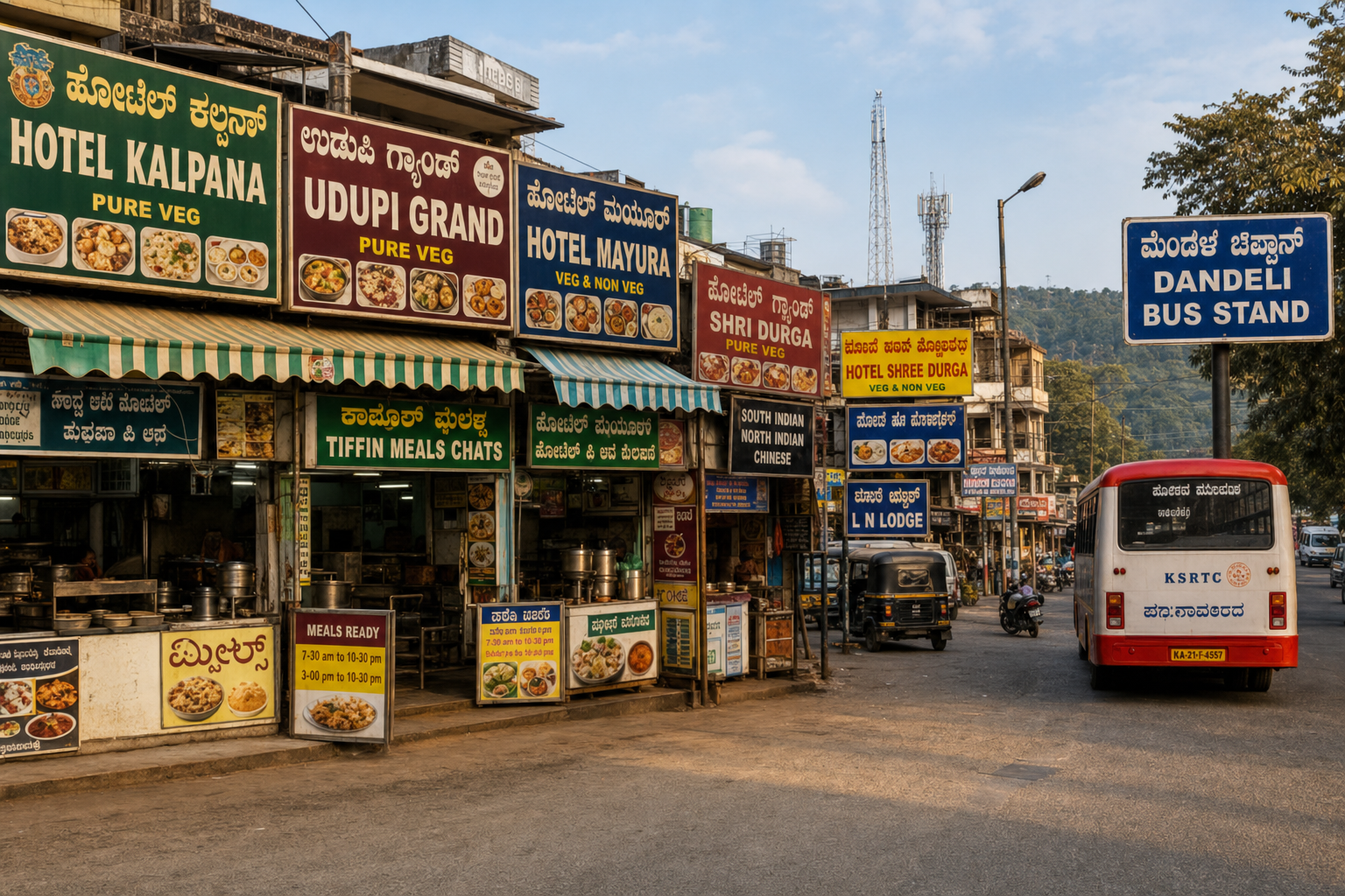 Restaurant signboards near Dandeli bus stand market street
