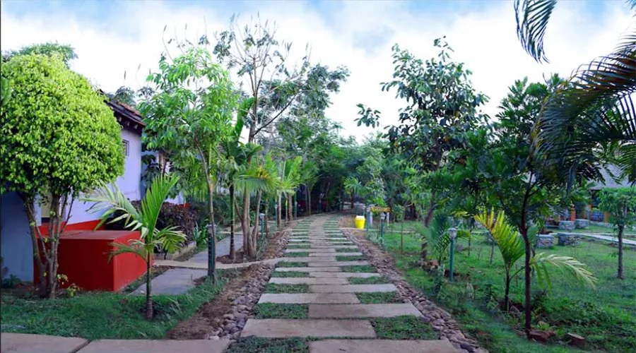 Stone garden pathway through tropical landscaping at Century Resort Dandeli