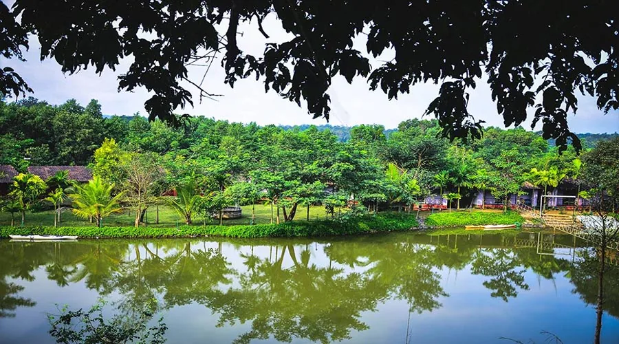 Lake and forest view with kayaks near Century Resort Dandeli
