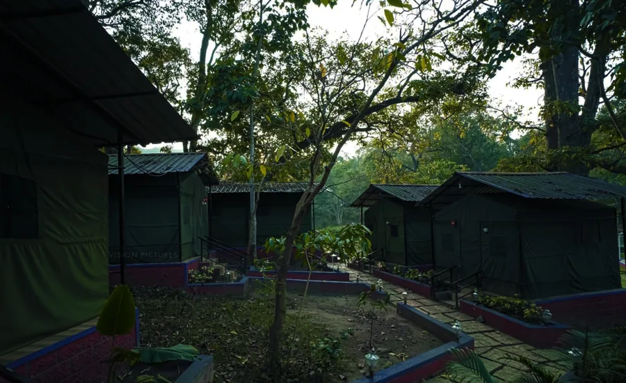 Canvas commando tents on raised platforms at Hidden Valley Dandeli