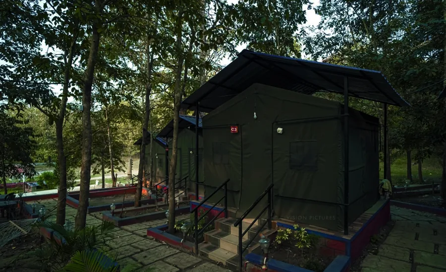 Forest-edge safari tents with stone walkways at Hidden Valley Dandeli