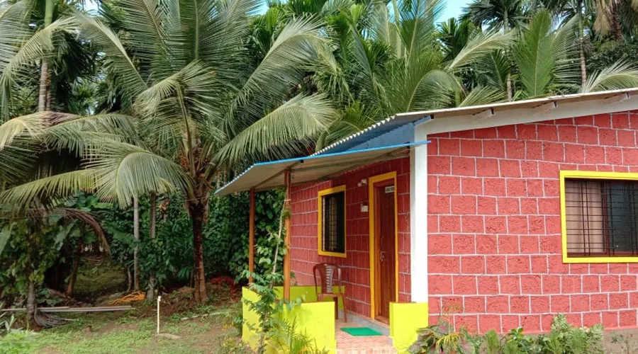 Laterite cottage among palms at Lemon Tree Jungle Stay Dandeli