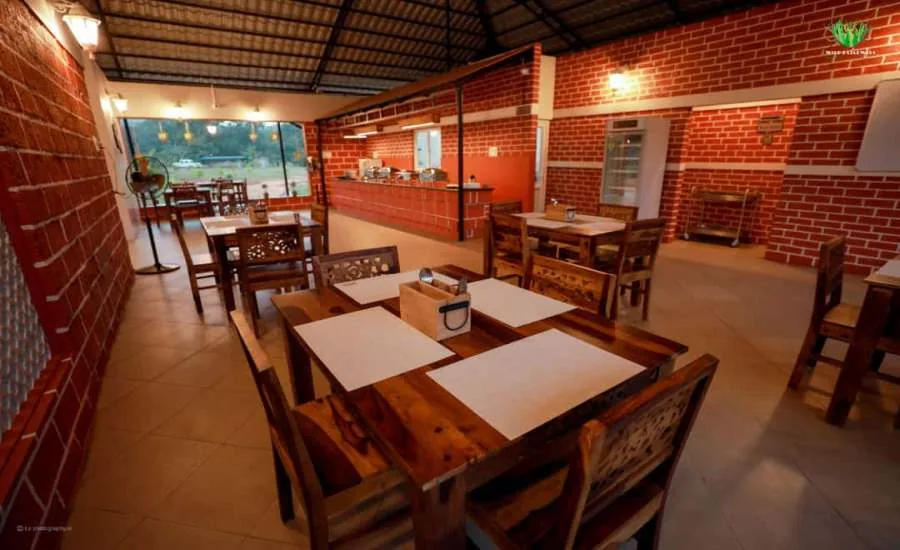 Brick dining hall at Wild Kasarwadi Resort Dandeli