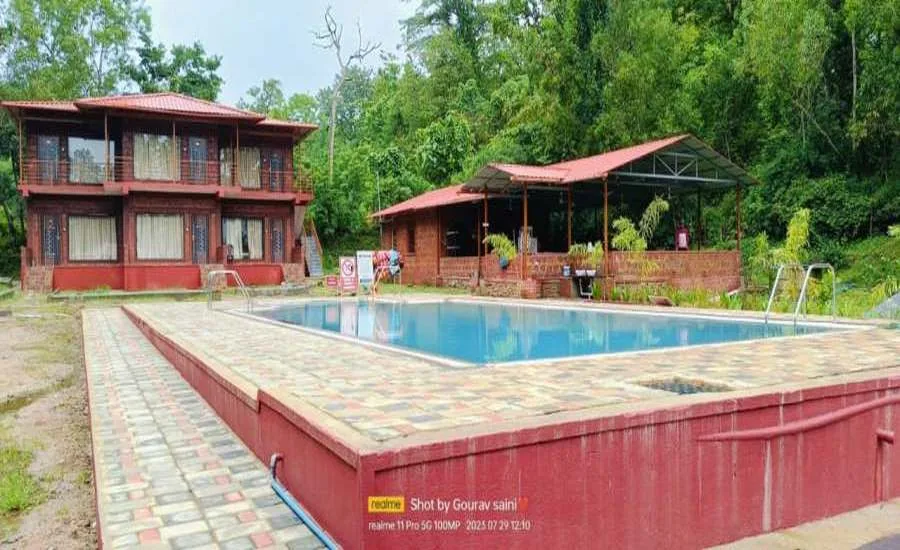 Pool, dining pavilion and forest backdrop at Wild Wings